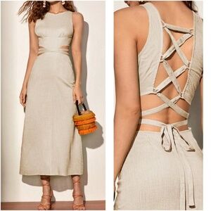 Linen Cut out Lace up Back Sleeveless A-Line Dress